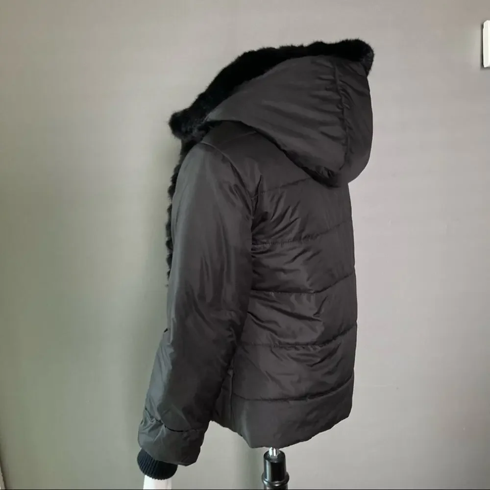Max & Moi‎ Paris fur quilted hooded puffer bomber jacket black sweater sleeve